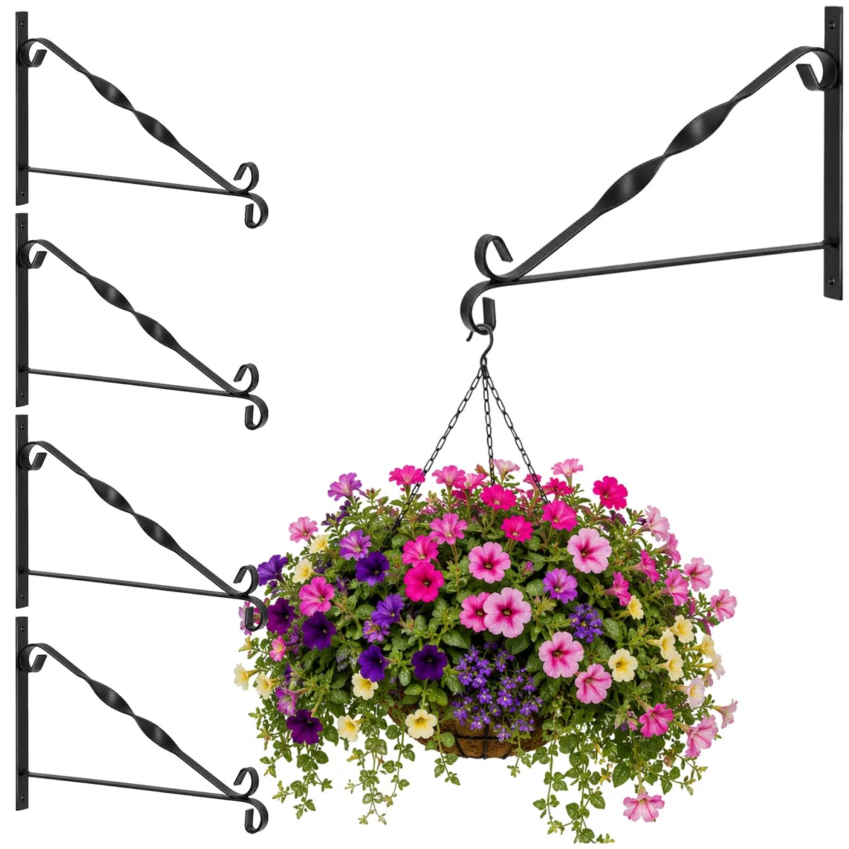 com-four® support mural 4x en acier enduit de poudre, crochet pour pot de fleur, jardin, carillons éoliens, panier suspendu, avec vis et chevilles (4 pièces - tourné)