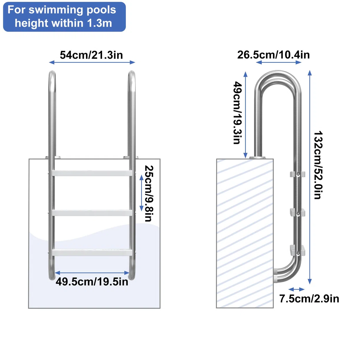 YRHome Échelle de piscine à 3 marches - En acier inoxydable 304 - Antidérapant - ABS - Charge maximale : 150 kg - Pour piscine de jardin - Convient pour piscine encastrée jusqu'à 130 cm de profondeur