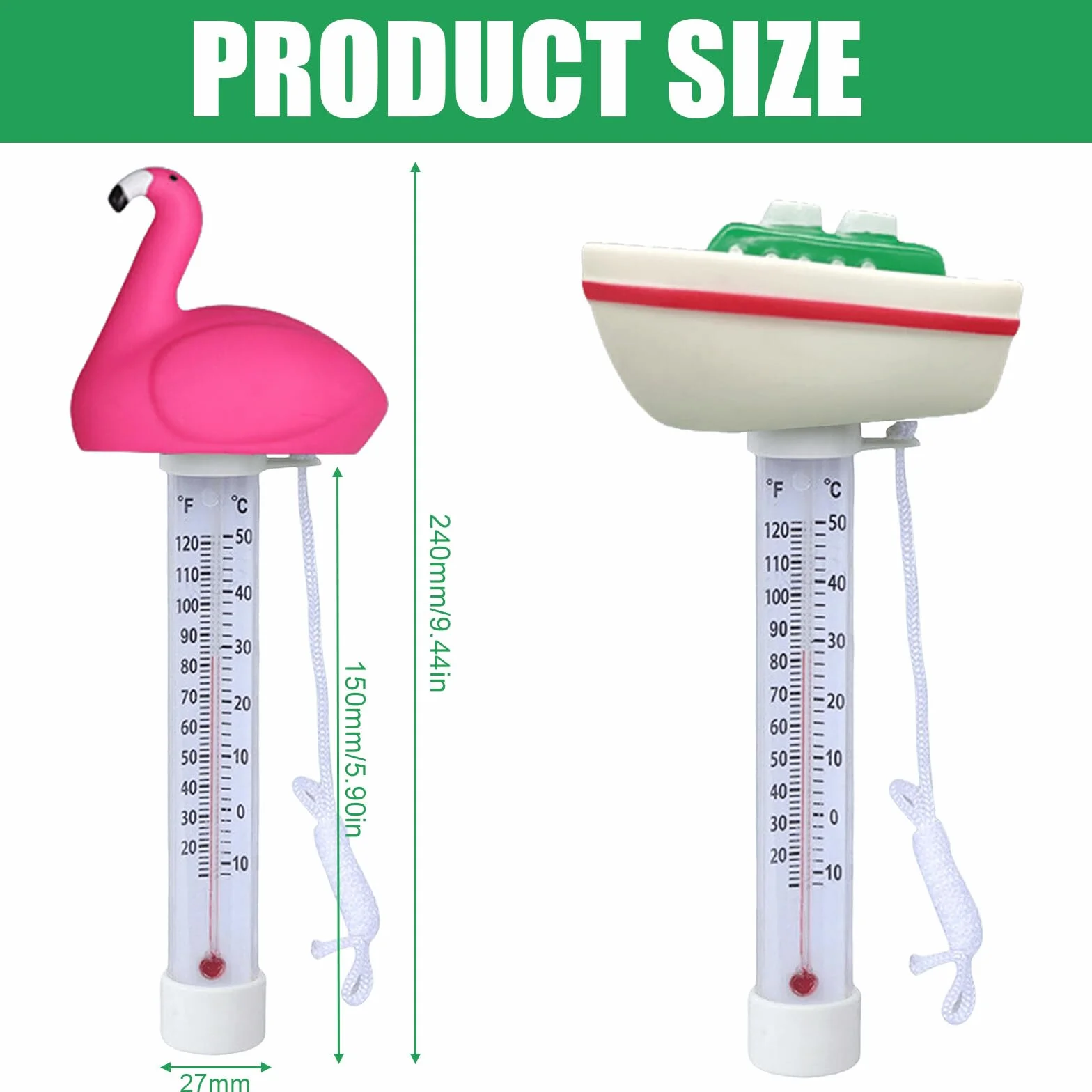 Lot de 2 thermomètres flottants pour piscine, incassables, avec cordon, flottants, pour baignoires, piscines, étangs