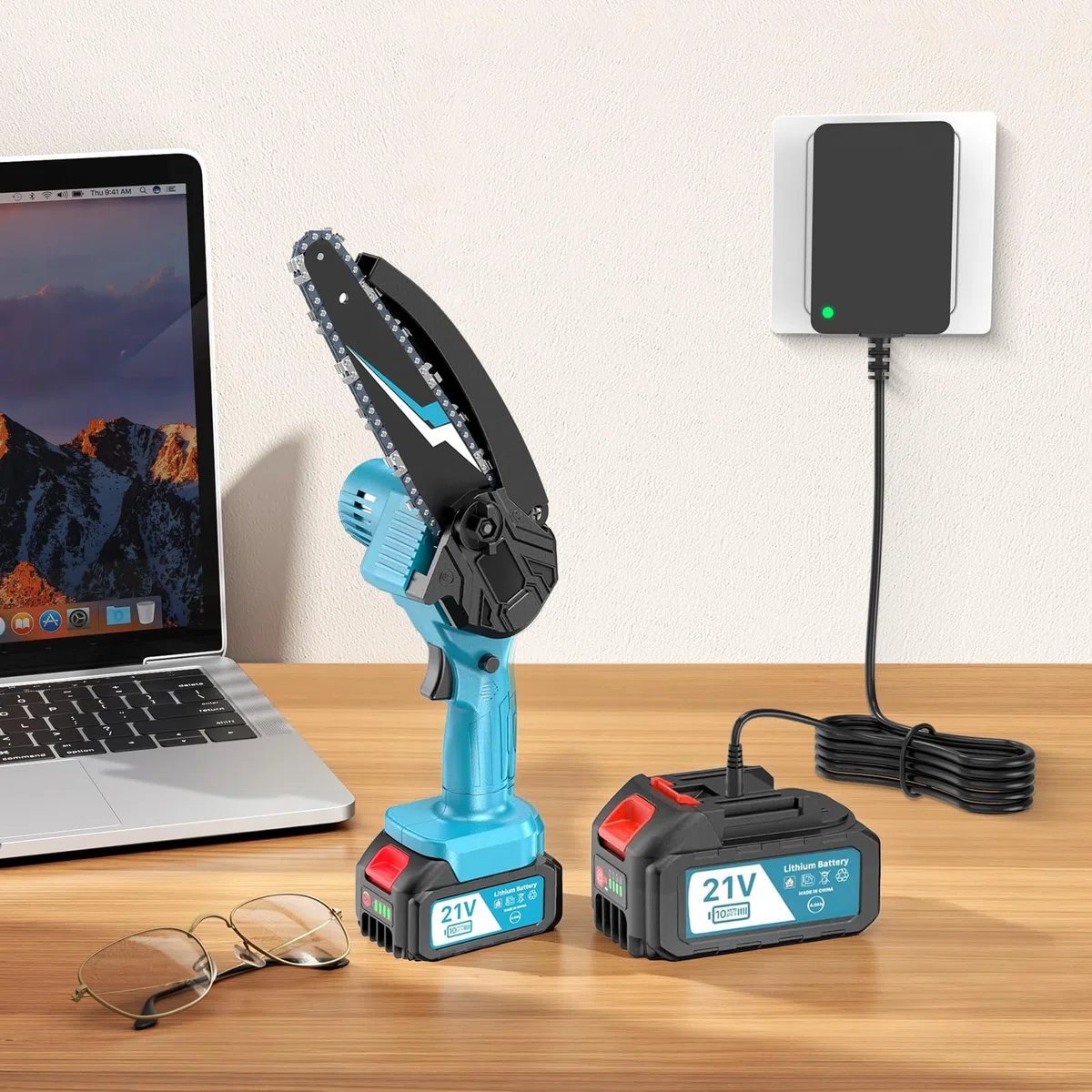 Chargeur de Batterie Mini tronçonneuse 21V 1A pour Outils électriques, Compatible avec Les Batteries Lithium 20V/21V Aker/Saker/Seyvum/O-Conn/Jujubean/DINSHARE/VTEK, avec indicateur LED