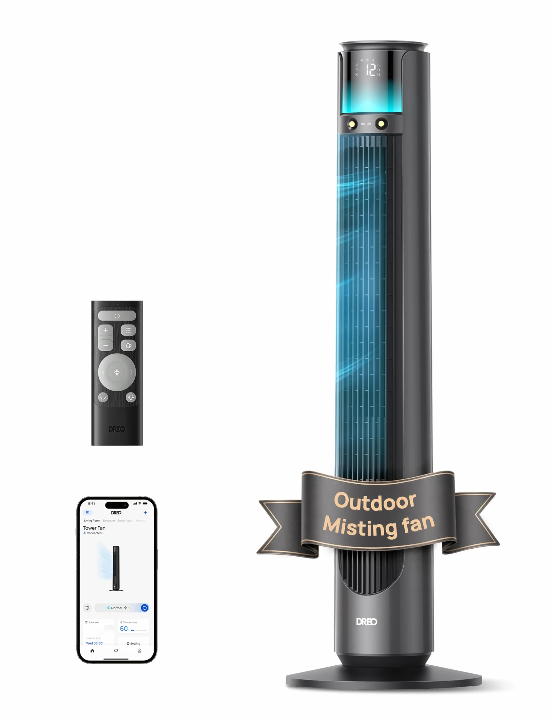 DREO TurboCool 711AS Ventilateur Brumisateur d’Extérieur, 10 m/s, 12 vitesses, 4 modes, oscillation 150°, silencieux 20 dB, moteur DC, résistant aux intempéries, pour intérieur et extérieur