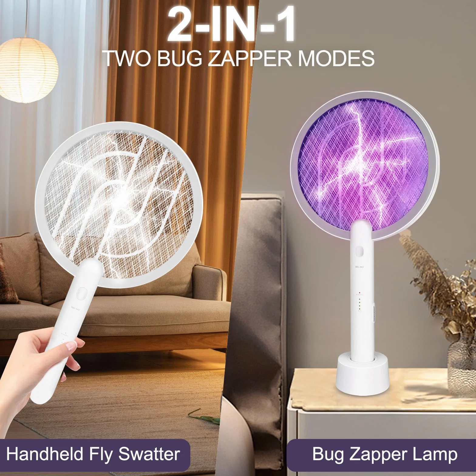 Tapette à mouches électrique 2 en 1 Raquette anti-insectes et piège à moustiques, rechargeable par USB avec batterie de 1200 mAh pour intérieur et extérieur, maison, jardin, terrasse, camping