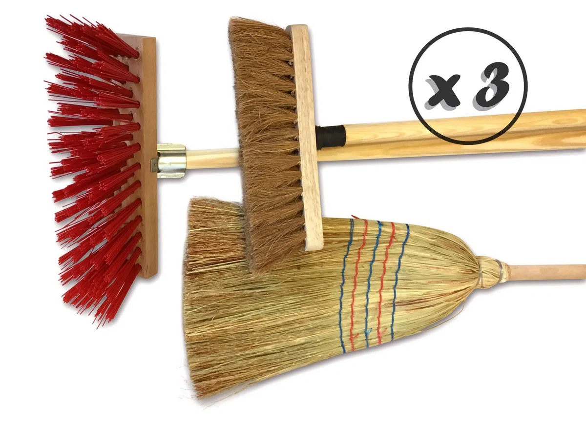Kibros Lot 3 Ensembles 3 balais extérieur cantonnier PVC Coco Paille Riz