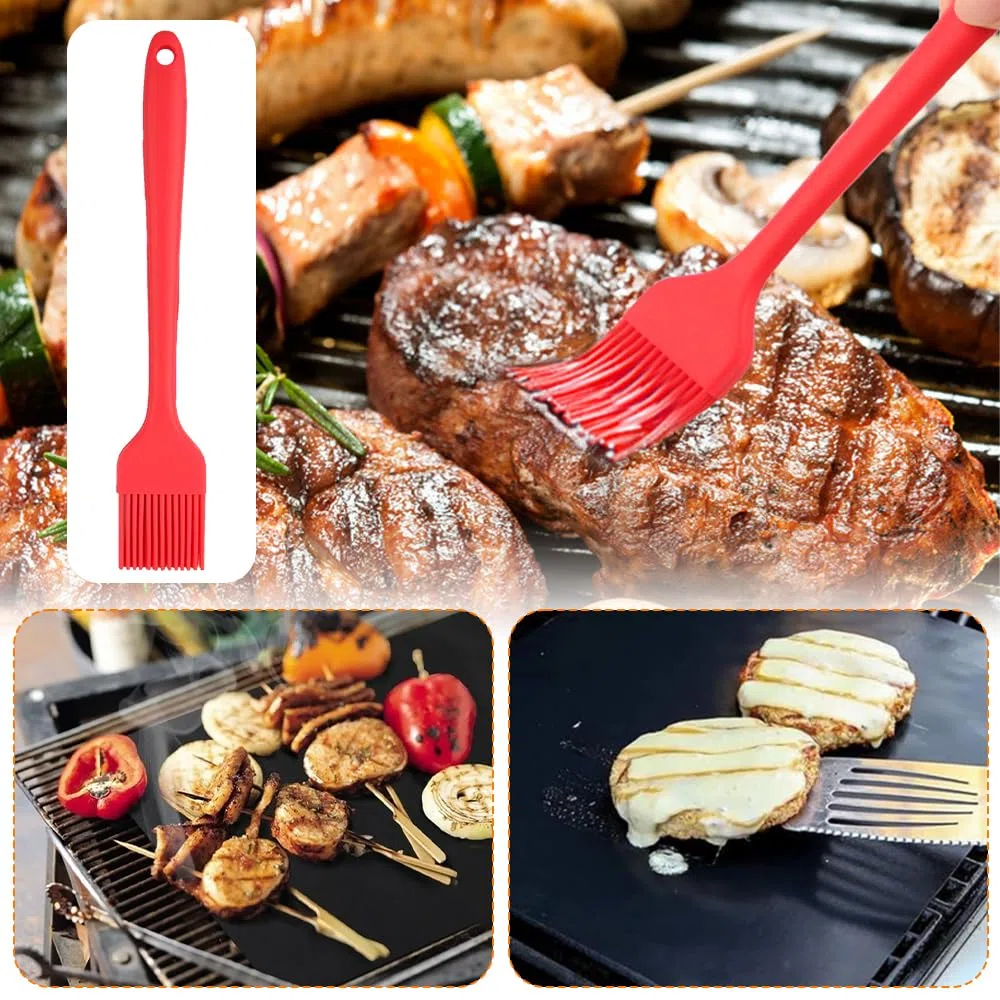 Tapis de Cuisson Barbecue, 5 Pièces 60x40 cm Tapis Barbecue Set, Papier BBQ Réutilisable avec Brosse, Non Stick Four en Téflon Tapis de Cuisson, Nettoyage Facile et Anti-adhérent, Sans PFOA
