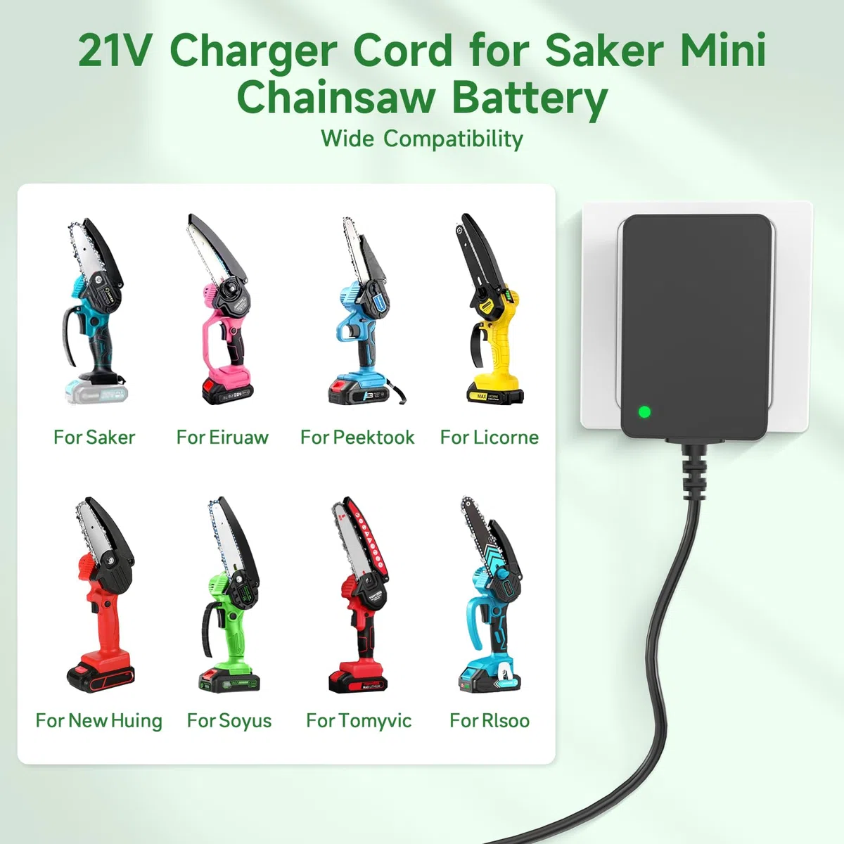 Chargeur de Batterie Mini tronçonneuse 21V 1A pour Outils électriques, Compatible avec Les Batteries Lithium 20V/21V Aker/Saker/Seyvum/O-Conn/Jujubean/DINSHARE/VTEK, avec indicateur LED