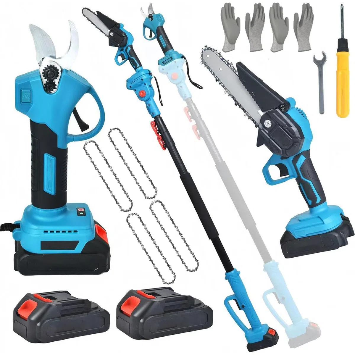 Les ciseaux de taille de pôle sans fil et l'ensemble de scie à chaîne, pôle d'extension 6.6Ft 2 * 3.0 AH batterie rechargeable, tondeuse à chaîne portative,pour la coupe de branche d'arbre haute basse