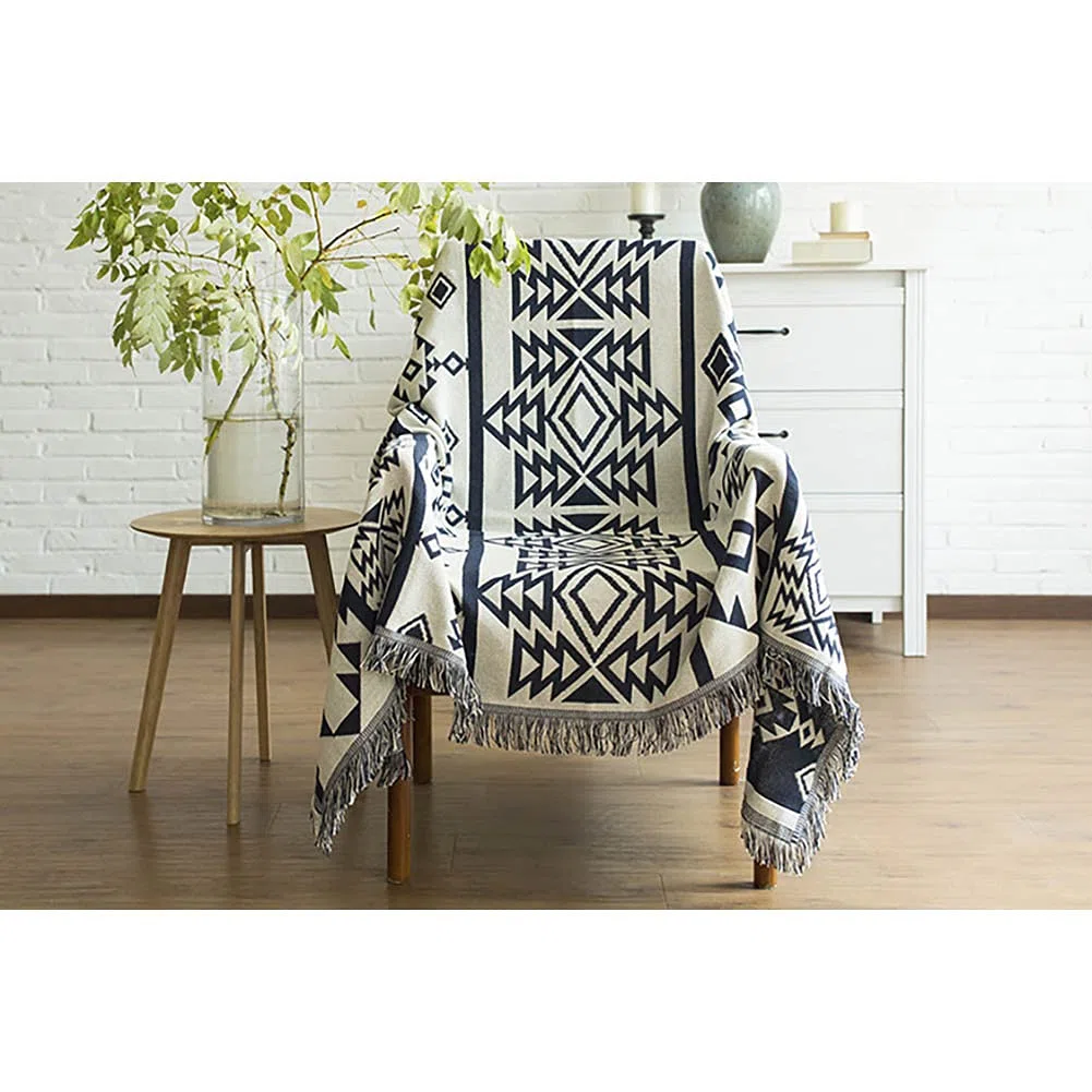 Couverture de pique-nique en coton - Jacquard double face avec pompons, tapis en PVC imperméable et résistant au sable, portable et pliable, pour camping, voyage, randonnée (180 x 230 cm)