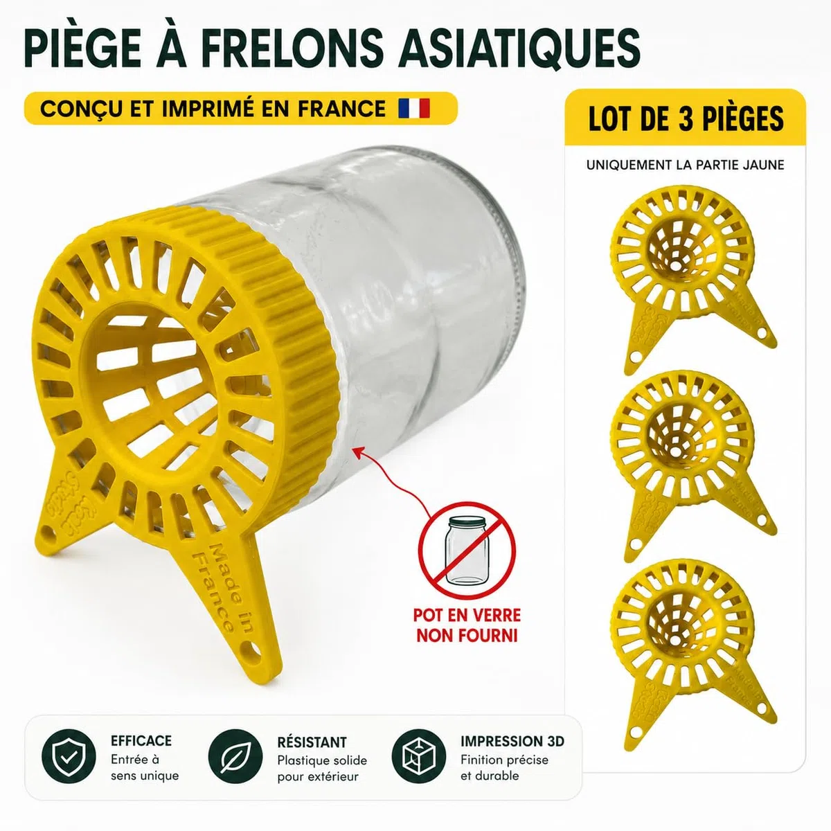 Lot de 3 Pièges à Frelons Asiatiques TO82 – Compatible Pots Confiture Ø82 – Piège Sélectif Réutilisable en PETG Extérieur – Protection Jardin, Terrasse, Rucher – Fabriqué en France