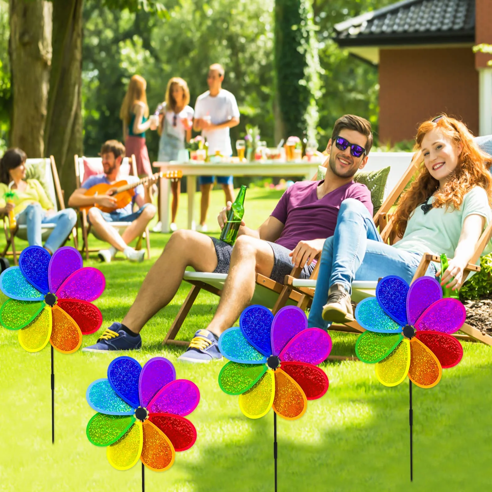 4 Pièces Éolienne de Jardin Fleur Roue Arc-en-ciel 30 cm Éolienne Étincelante Spinner pour Pelouse Éolienne de Cour Jardin Terrasse Balcon Piquet de Jardin Déco