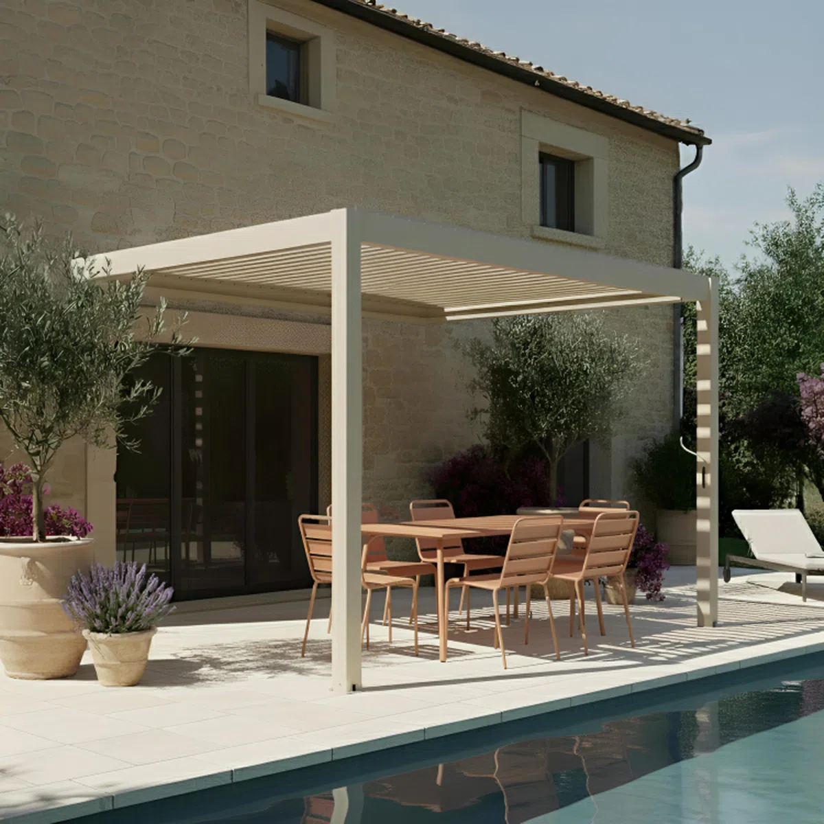Oviala Pergola bioclimatique adossée 3x4m en Aluminium Bois crème