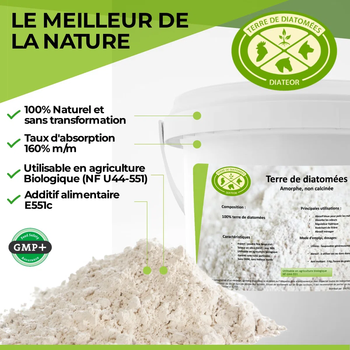 TERRE DE DIATOMEES DIATEOR - Seau de 1,3Kg de Terre de Diatomée Grade Alimentaire - 100% Naturelle, Non Calcinée - Poudre Blanche Extra Fine - Fabriquée en France