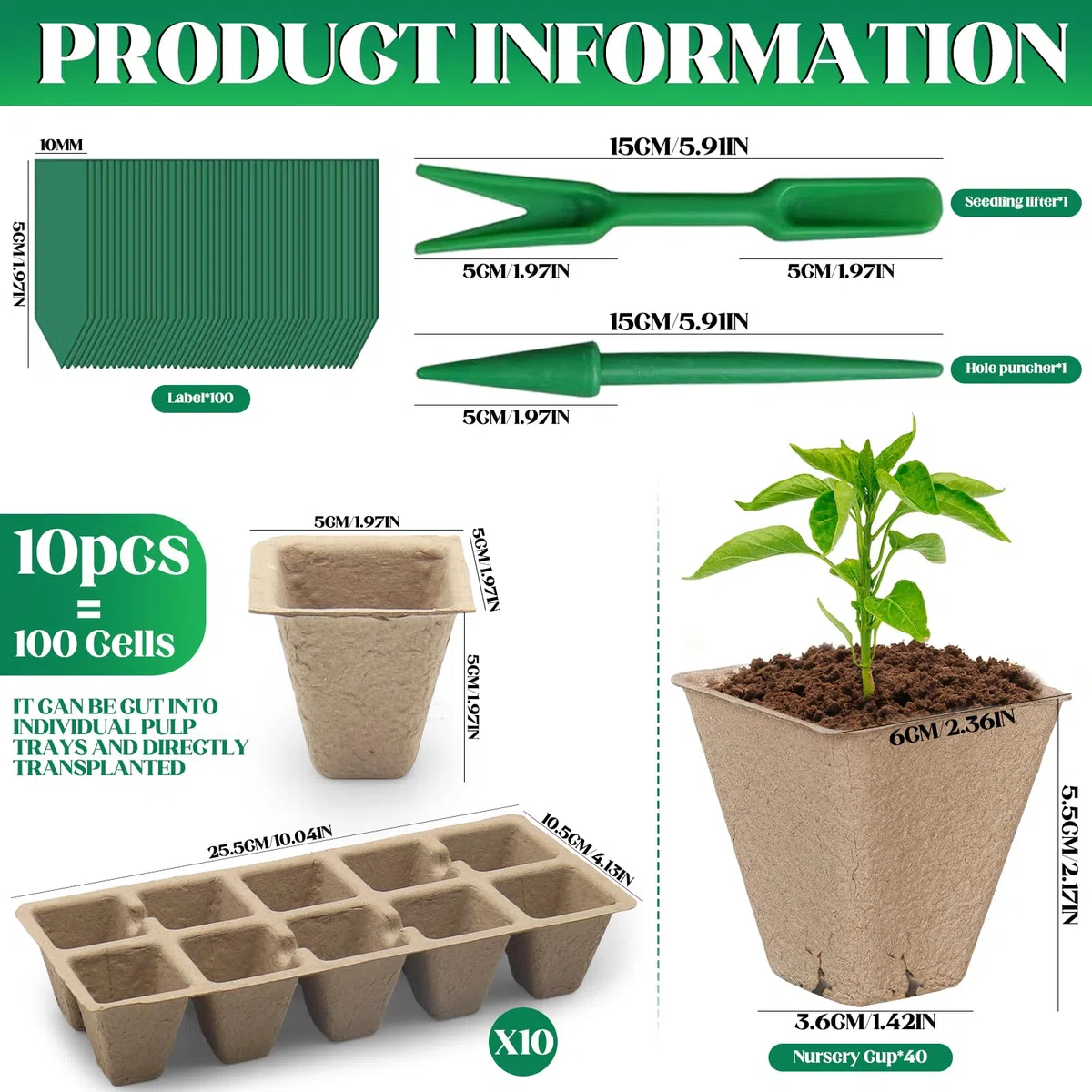 Kit de Semis Biodégradable – 10 Plateaux à Semis sans Trou + 40 Pots de Semis avec Trous de Drainage – Pulpe de Papier Compostable Écologique pour Graines, Légumes et Fleurs