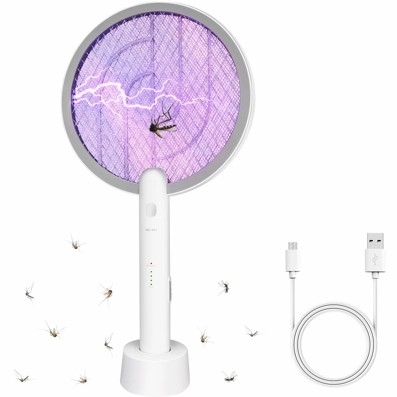 Tapette à mouches électrique 2 en 1 Raquette anti-insectes et piège à moustiques, rechargeable par USB avec batterie de 1200 mAh pour intérieur et extérieur, maison, jardin, terrasse, camping
