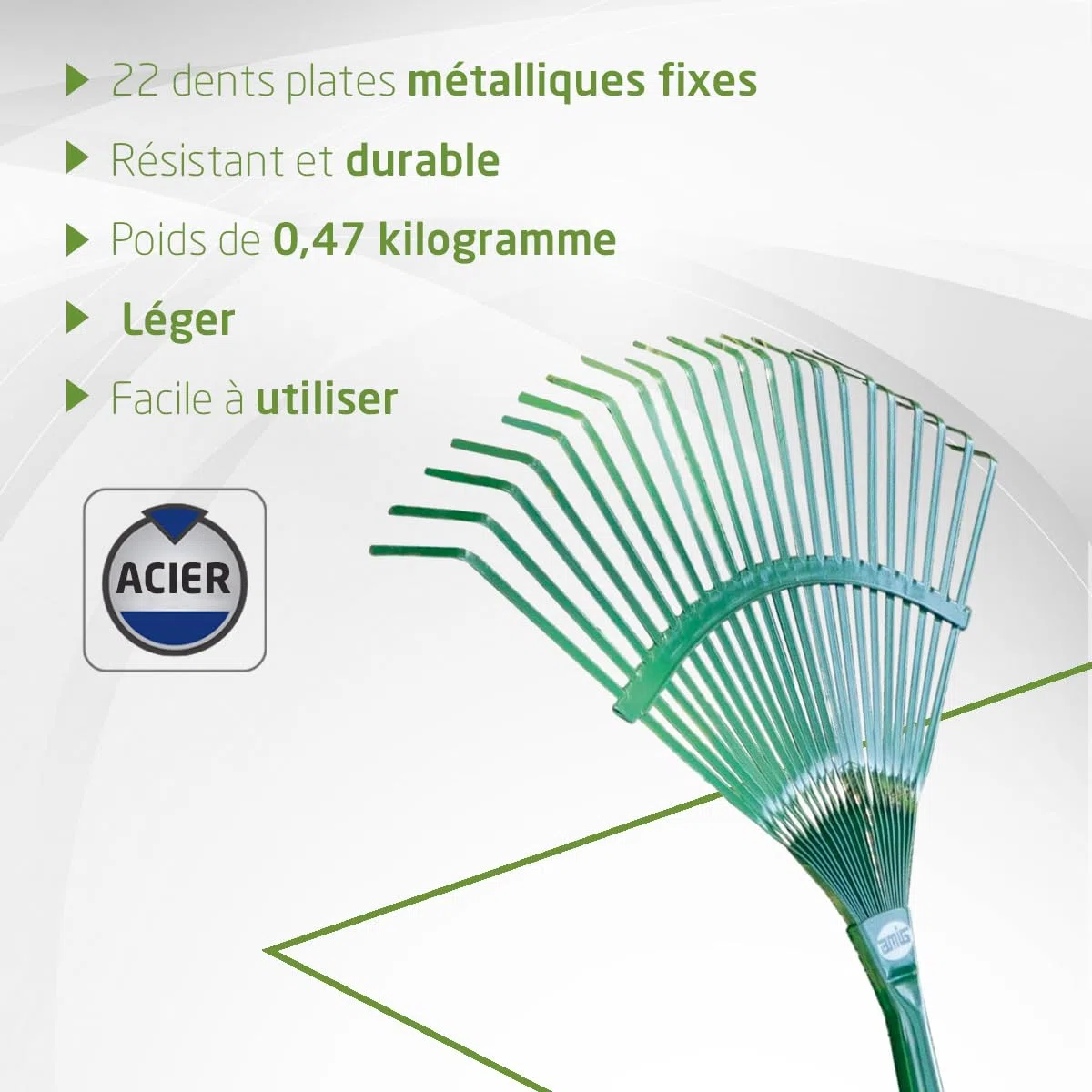 Amig - Râteau de Jardin - 22 Dents Plates - Acier métal résistant - Lattes Fixes pour Feuilles et Gazon - 400 mm - Vert - Manche Non Inclus