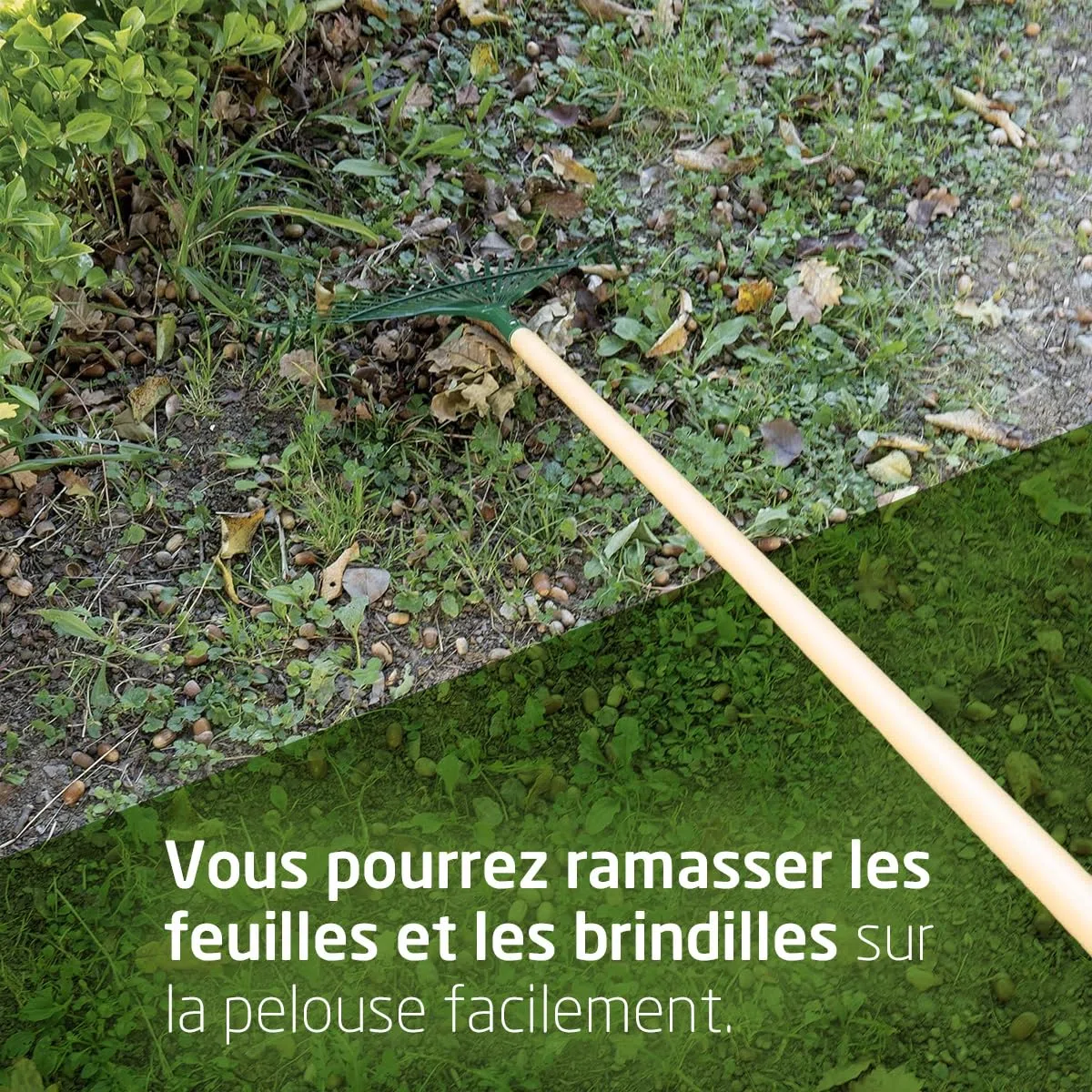 Amig - Râteau de Jardin - 22 Dents Plates - Acier métal résistant - Lattes Fixes pour Feuilles et Gazon - 400 mm - Vert - Manche Non Inclus