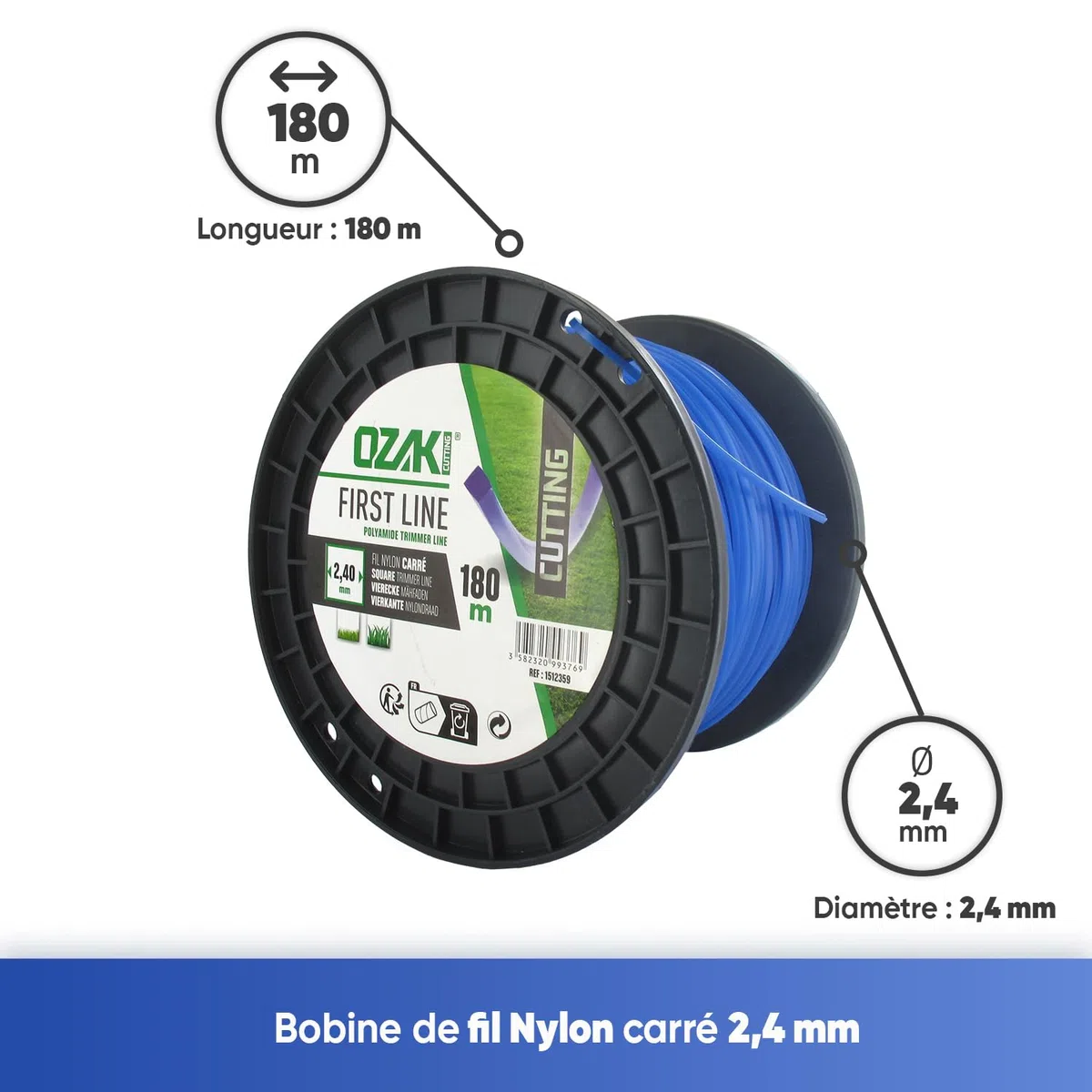 OZAKI - Bobine Fil Nylon Carré - Longueur 180m - Ø 2,40mm - Matières Vierges - Haute Durabilité - Excellente Tenue À L'Œillet