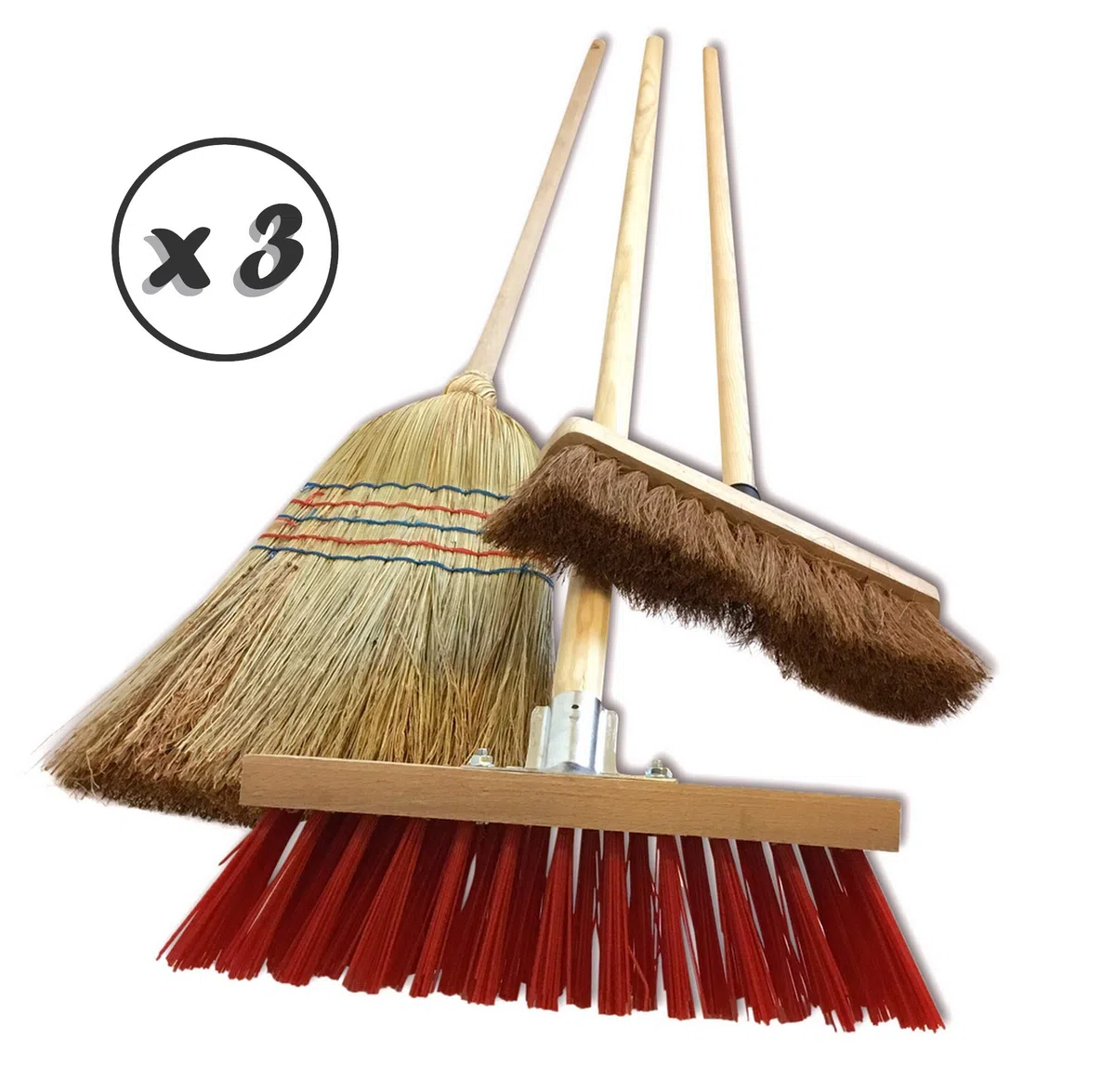 Kibros Lot 3 Ensembles 3 balais extérieur cantonnier PVC Coco Paille Riz