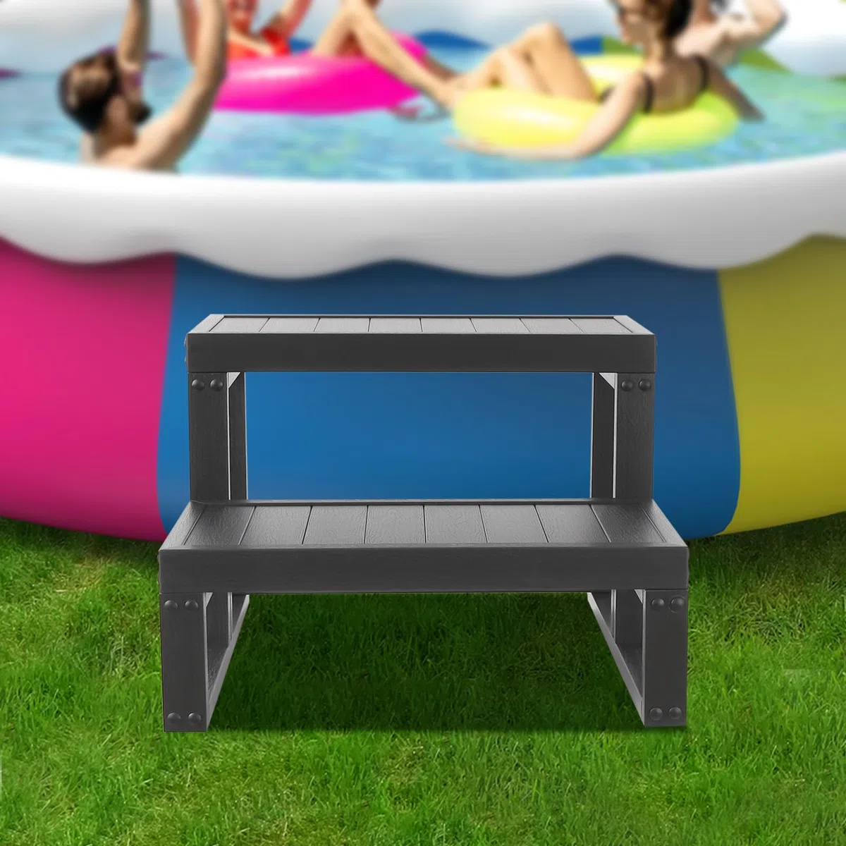 Marche de Spa à 2 marches - 60 x 54 x 42 cm - Universelle - Aspect Bois - Marches en Plastique - Antidérapantes - Étanche - pour l'extérieur et l'extérieur