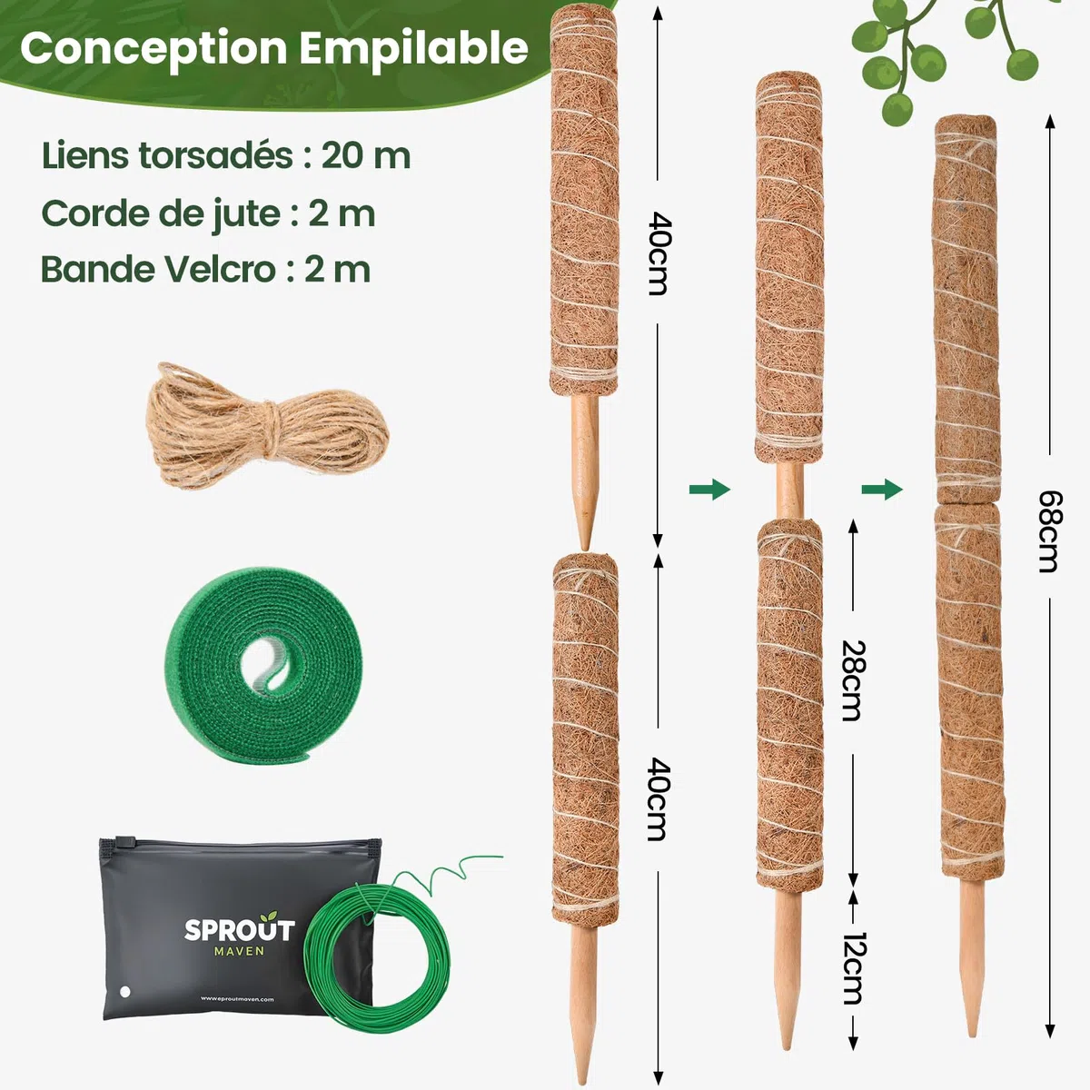 Tuteur Monstera pour Plantes, SproutMaven Tuteur Plante Grimpante 4 Pièces Bâton de Coco de 40cm, Poteau Totémique pour Plantes de Jardin et Pots