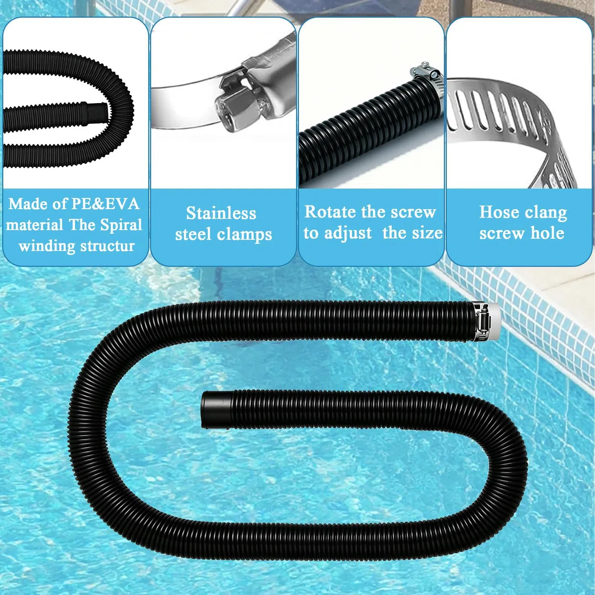 Idota 2Pcs Tuyau Piscine 32mm pour piscines de jardin avec 4 colliers de serrage, 1 raccord et un tournevis, 150cm Tuyau de remplacement pour le nettoyage et la filtration des piscines (black)
