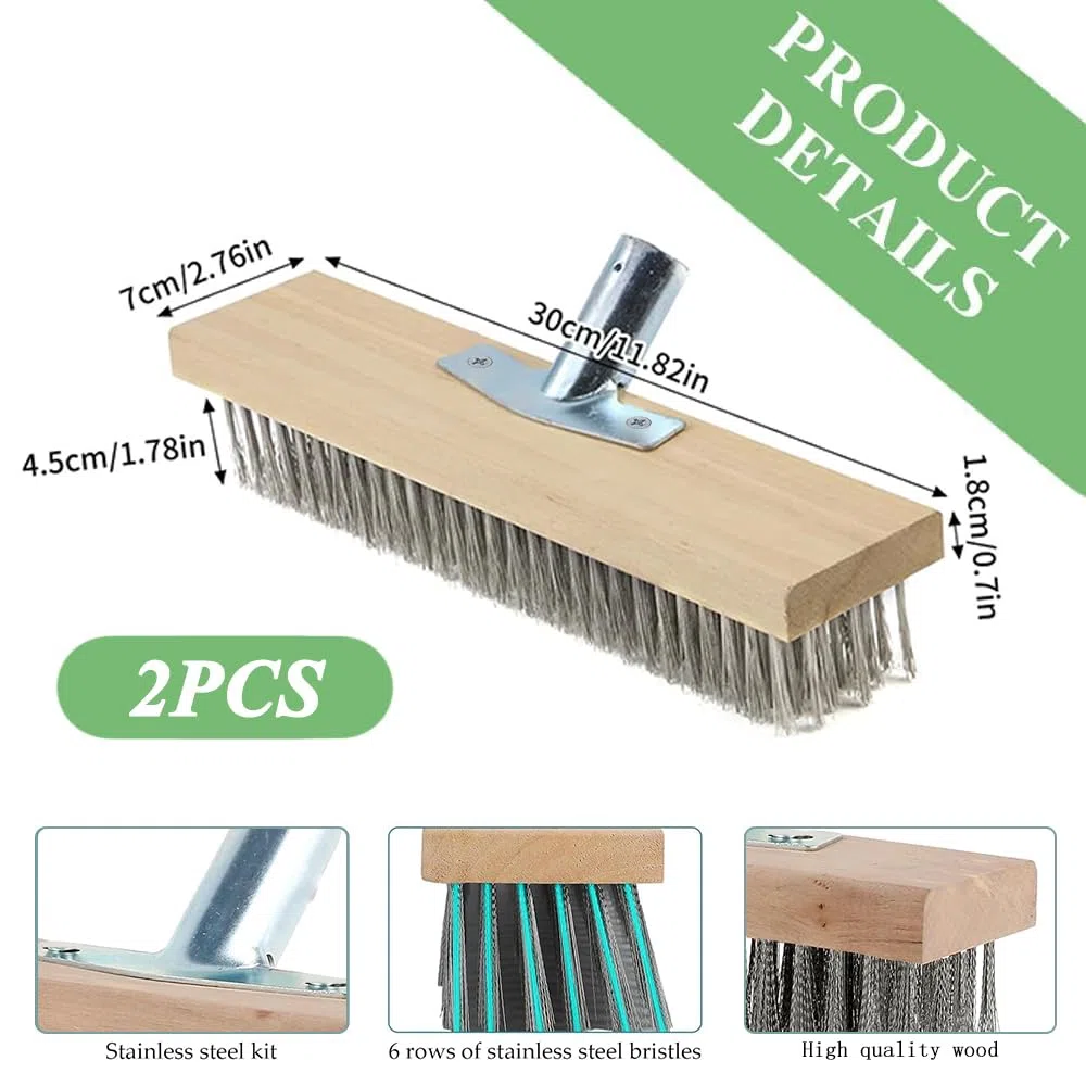 Lot de 2 balais métalliques 30 x 7 cm - Balai métallique - Balai en acier inoxydable - Pour manche en bois, balai de rue de jardin, mauvaises herbes et taches tenaces