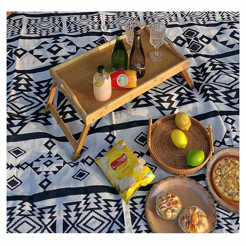 Couverture de pique-nique en coton - Jacquard double face avec pompons, tapis en PVC imperméable et résistant au sable, portable et pliable, pour camping, voyage, randonnée (180 x 230 cm)