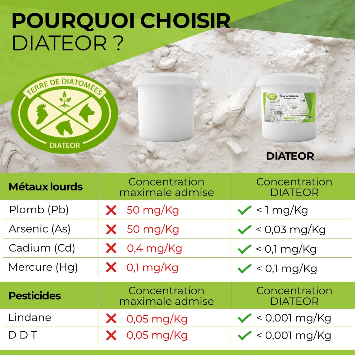 TERRE DE DIATOMEES DIATEOR - Seau de 1,3Kg de Terre de Diatomée Grade Alimentaire - 100% Naturelle, Non Calcinée - Poudre Blanche Extra Fine - Fabriquée en France