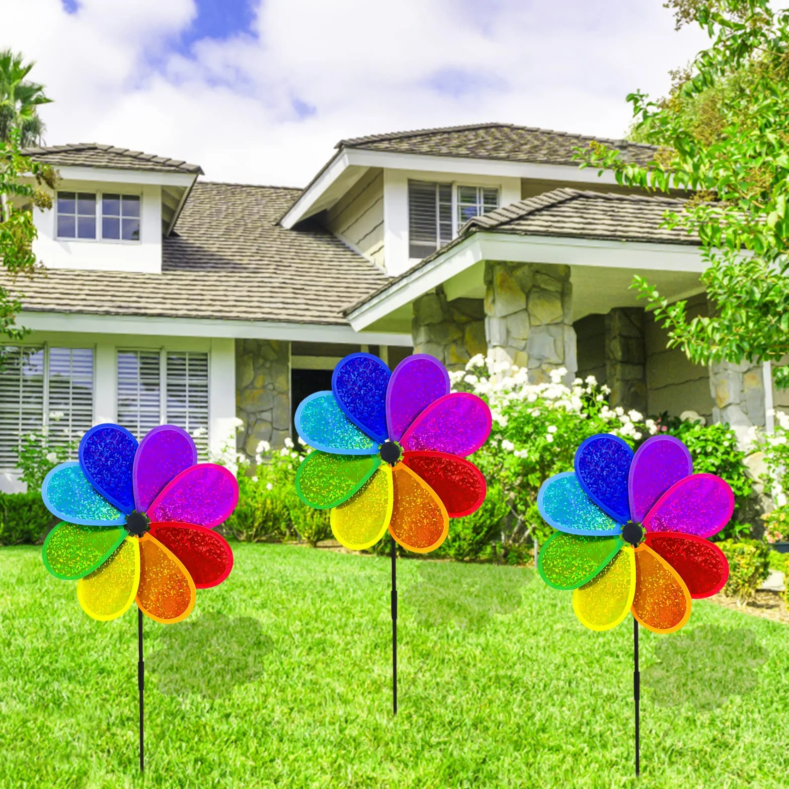 4 Pièces Éolienne de Jardin Fleur Roue Arc-en-ciel 30 cm Éolienne Étincelante Spinner pour Pelouse Éolienne de Cour Jardin Terrasse Balcon Piquet de Jardin Déco