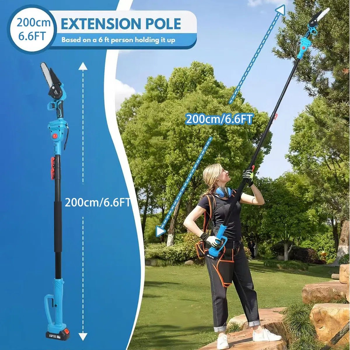 Les ciseaux de taille de pôle sans fil et l'ensemble de scie à chaîne, pôle d'extension 6.6Ft 2 * 3.0 AH batterie rechargeable, tondeuse à chaîne portative,pour la coupe de branche d'arbre haute basse