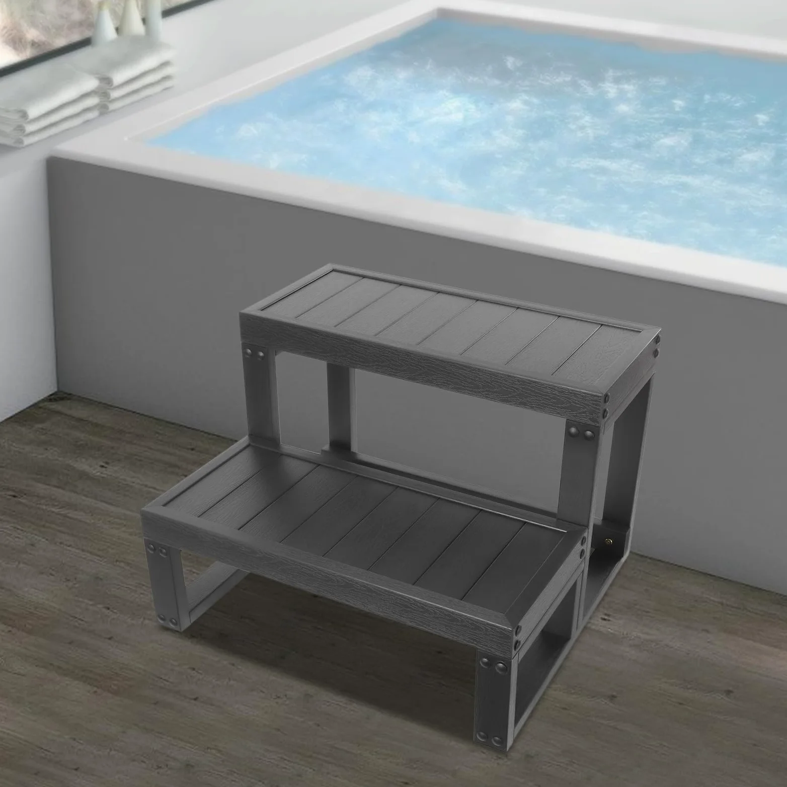 Marche de Spa à 2 marches - 60 x 54 x 42 cm - Universelle - Aspect Bois - Marches en Plastique - Antidérapantes - Étanche - pour l'extérieur et l'extérieur