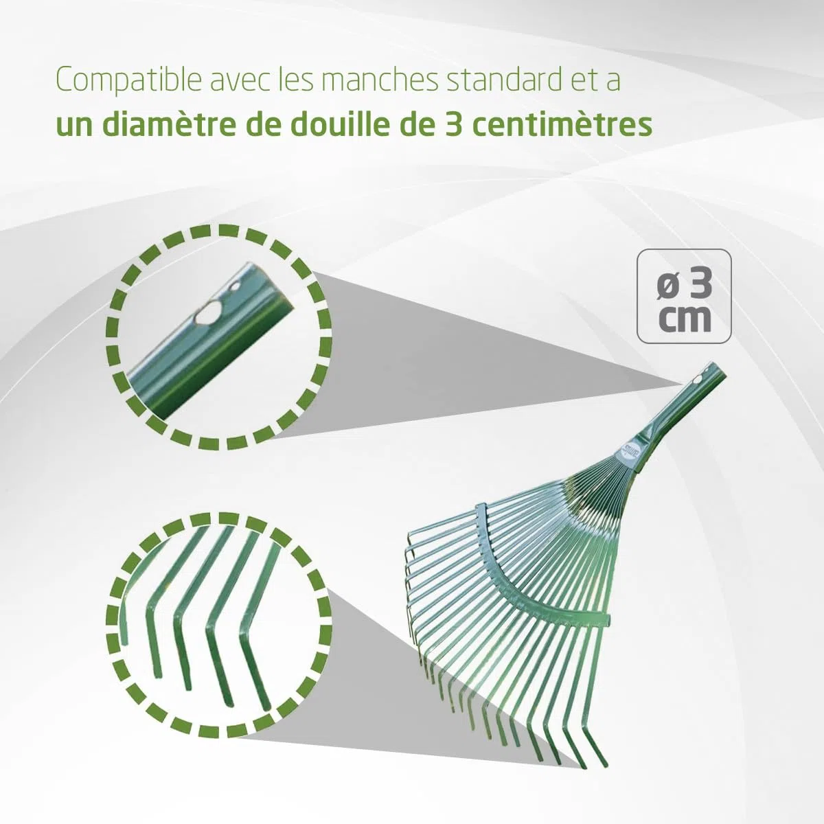 Amig - Râteau de Jardin - 22 Dents Plates - Acier métal résistant - Lattes Fixes pour Feuilles et Gazon - 400 mm - Vert - Manche Non Inclus