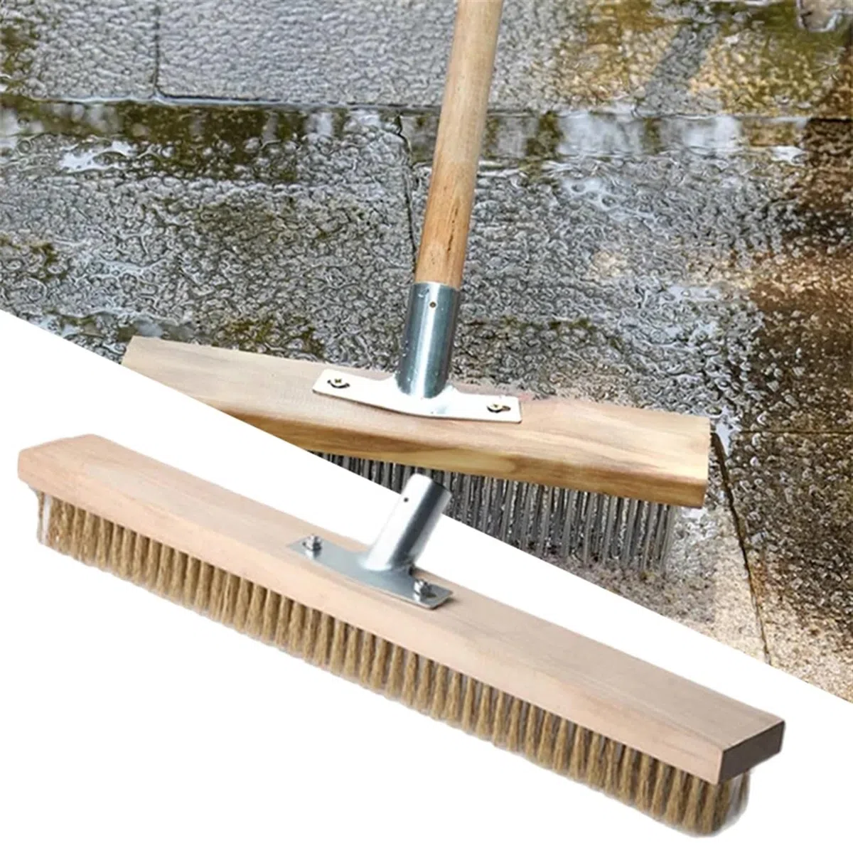 Brosse à balai en acier inoxydable pour le nettoyage en extérieur, brosse de sol à poils courts de qualité industrielle avec long manche pour patio, route et débris rigides, durable et robuste