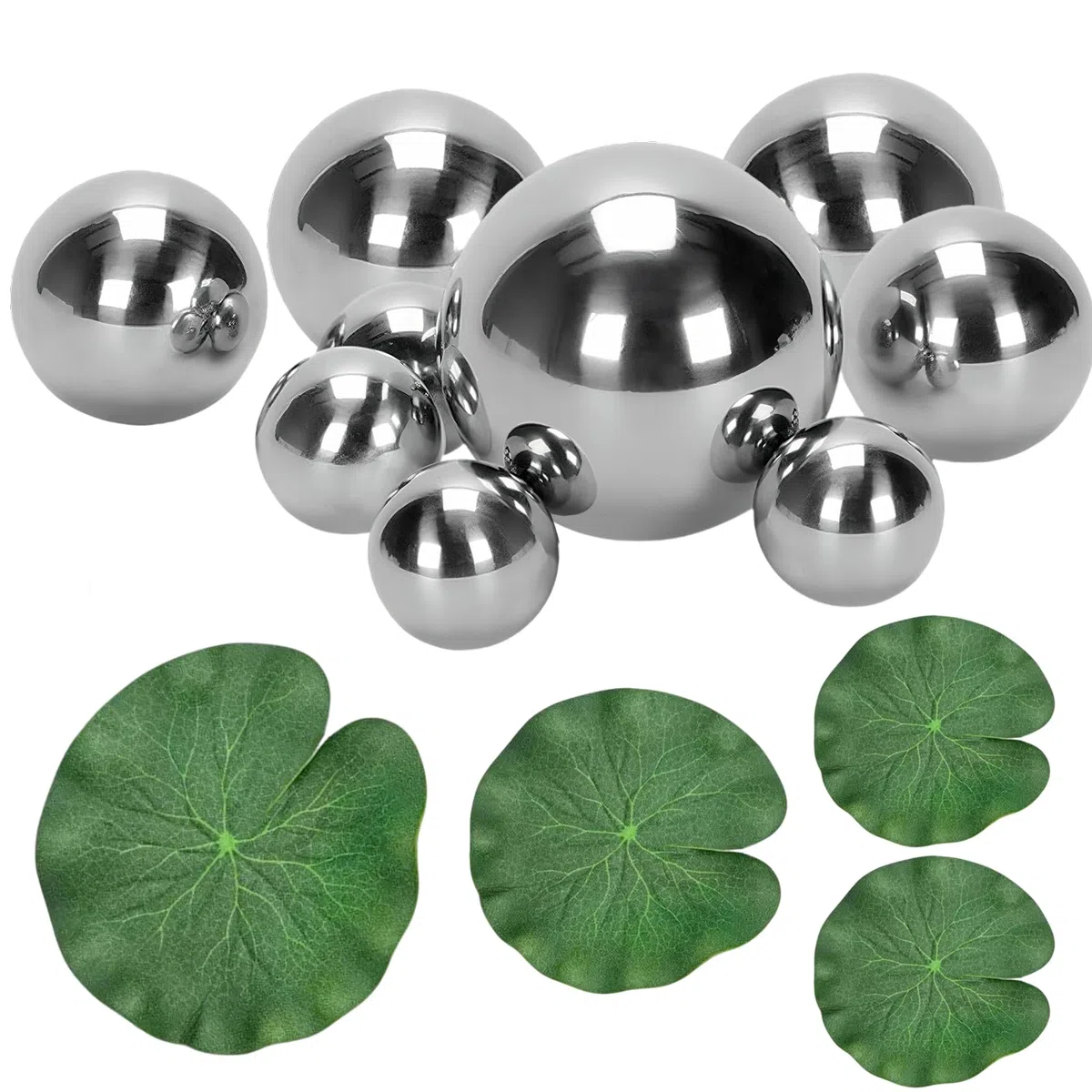 Lot de 9 boules flottantes en acier inoxydable argenté avec 4 feuilles de lotus flottantes pour étang, mini étang, fontaine décorative, boule de jardin