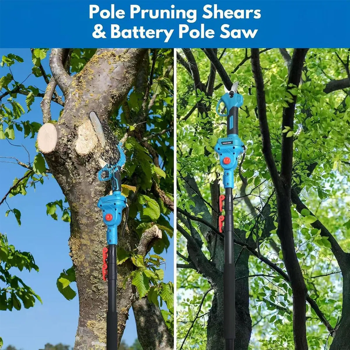 Les ciseaux de taille de pôle sans fil et l'ensemble de scie à chaîne, pôle d'extension 6.6Ft 2 * 3.0 AH batterie rechargeable, tondeuse à chaîne portative,pour la coupe de branche d'arbre haute basse