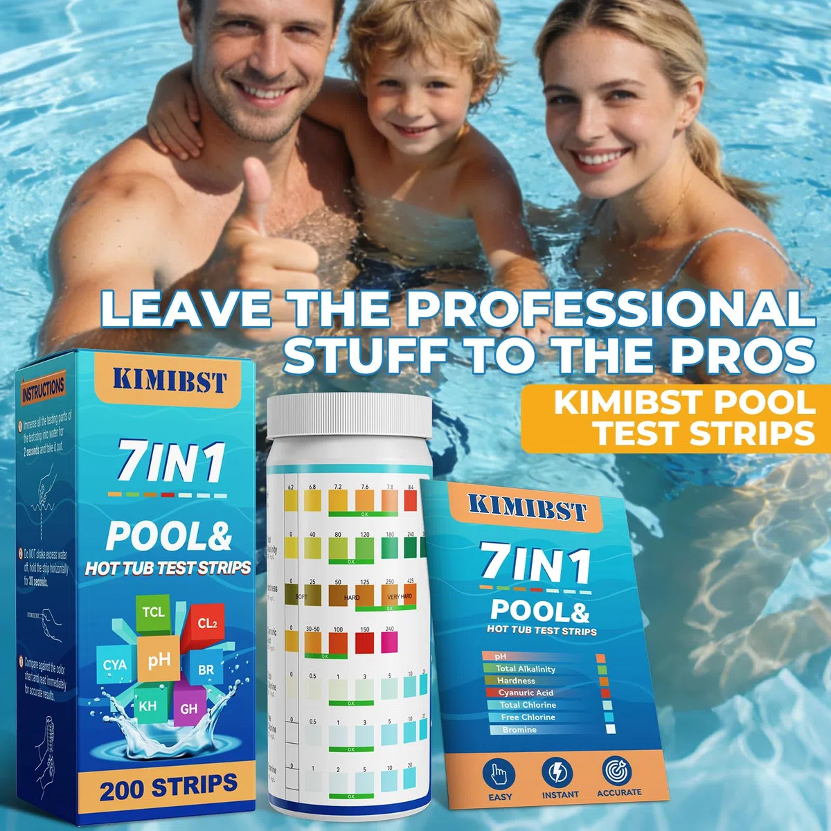 Bandelette Piscine: Testeur professionnel 7 en 1 pour spas 200CT pour mesurer le bromine, le pH, le chlore total, la dureté, l'acide cyanurique et plus encore