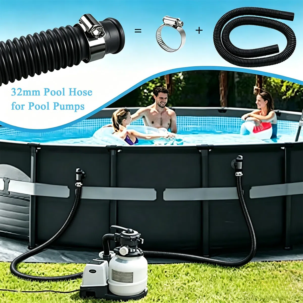 Idota 2Pcs Tuyau Piscine 32mm pour piscines de jardin avec 4 colliers de serrage, 1 raccord et un tournevis, 150cm Tuyau de remplacement pour le nettoyage et la filtration des piscines (black)