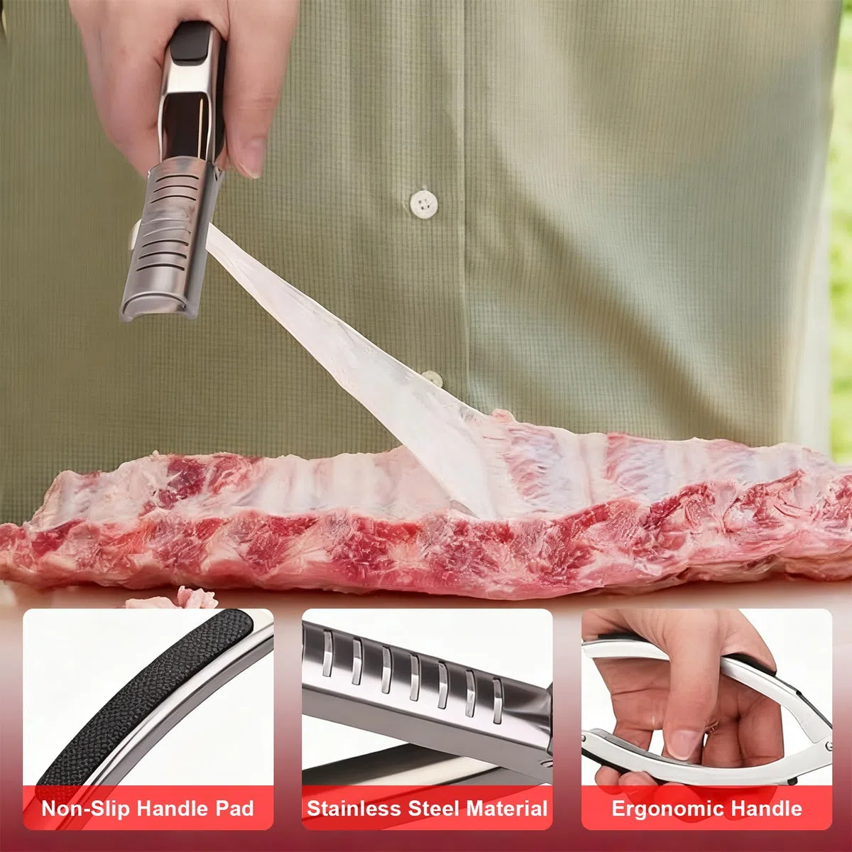 Outil pour Enlever la Membrane des Côtes, Accessoire Barbecue en Acier Inoxydable, pour Un Démembrage Facile, pour Préparation Rapide, Viandes Juteuses, Prise en Main Sûre