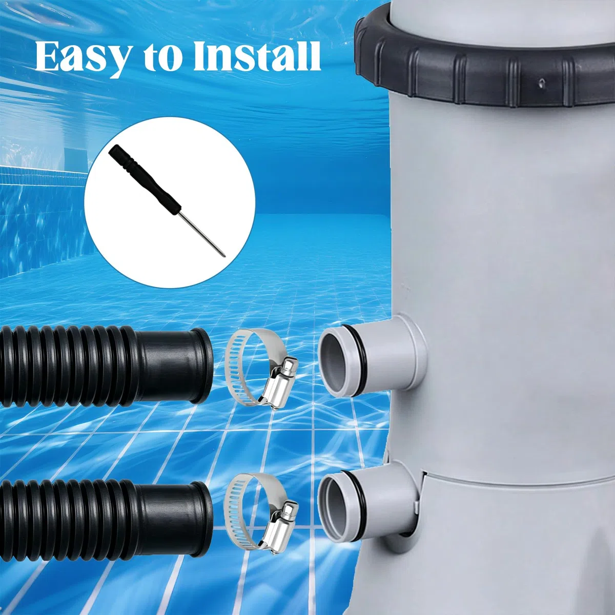 Idota 2Pcs Tuyau Piscine 32mm pour piscines de jardin avec 4 colliers de serrage, 1 raccord et un tournevis, 150cm Tuyau de remplacement pour le nettoyage et la filtration des piscines (black)