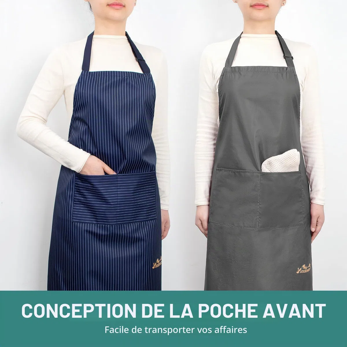 Viedouce 2 Pack Tabliers de Cuisine,Tablier Réglable avec Poches pour Cuisine Familial, Restaurant Jardin Barbecue école Café Tablier pour Chef Boulanger Serveurs Serveuse