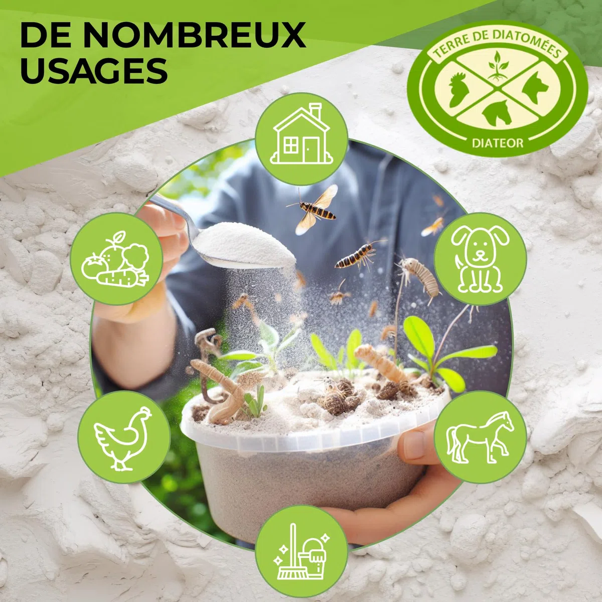 TERRE DE DIATOMEES DIATEOR - Seau de 1,3Kg de Terre de Diatomée Grade Alimentaire - 100% Naturelle, Non Calcinée - Poudre Blanche Extra Fine - Fabriquée en France