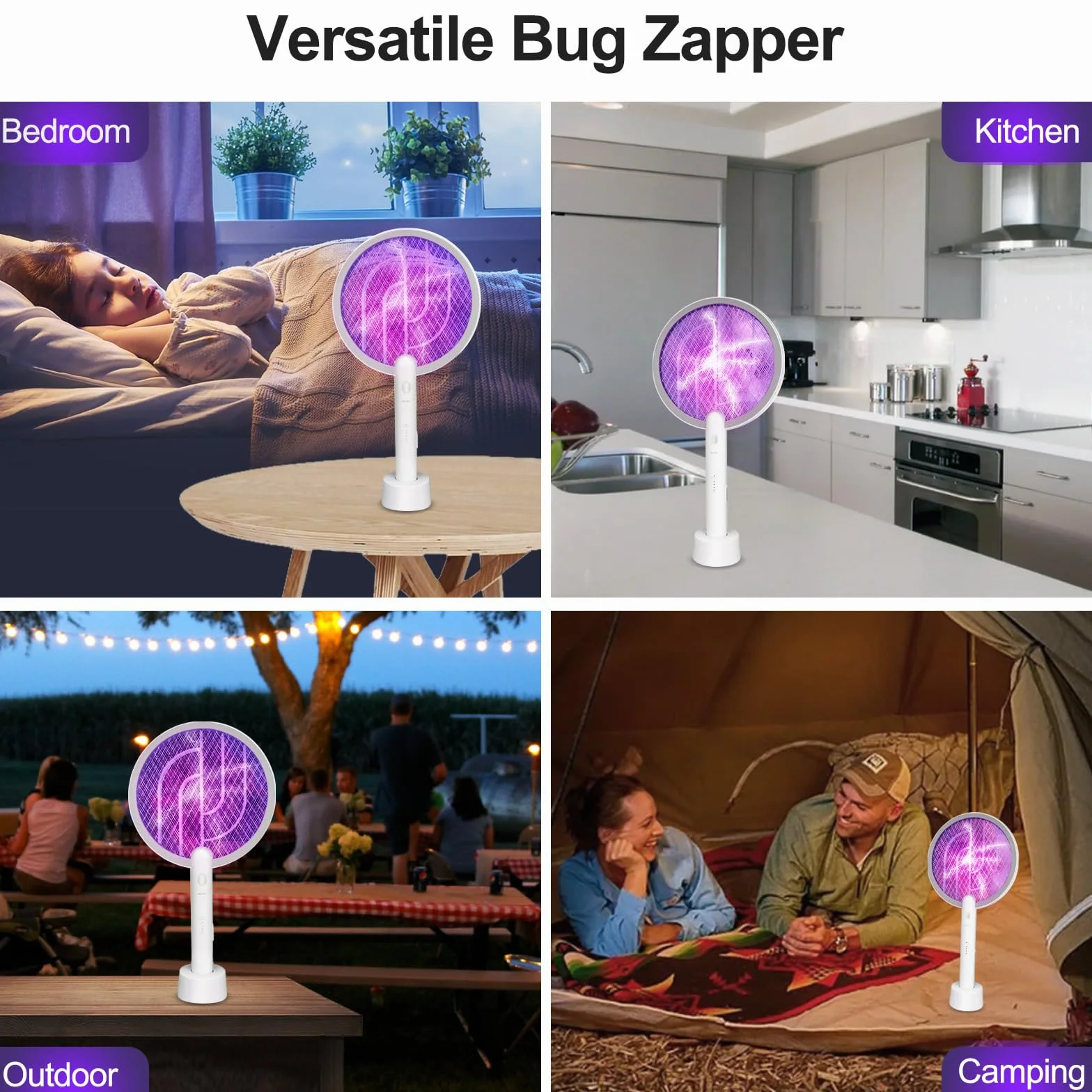 Tapette à mouches électrique 2 en 1 Raquette anti-insectes et piège à moustiques, rechargeable par USB avec batterie de 1200 mAh pour intérieur et extérieur, maison, jardin, terrasse, camping