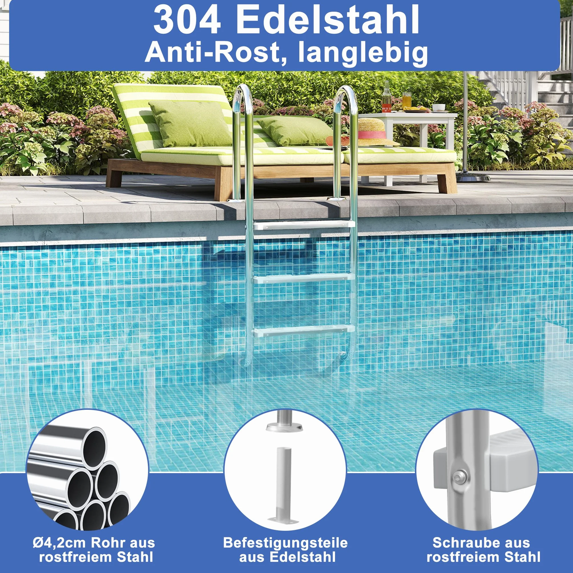 YRHome Échelle de piscine à 3 marches - En acier inoxydable 304 - Antidérapant - ABS - Charge maximale : 150 kg - Pour piscine de jardin - Convient pour piscine encastrée jusqu'à 130 cm de profondeur