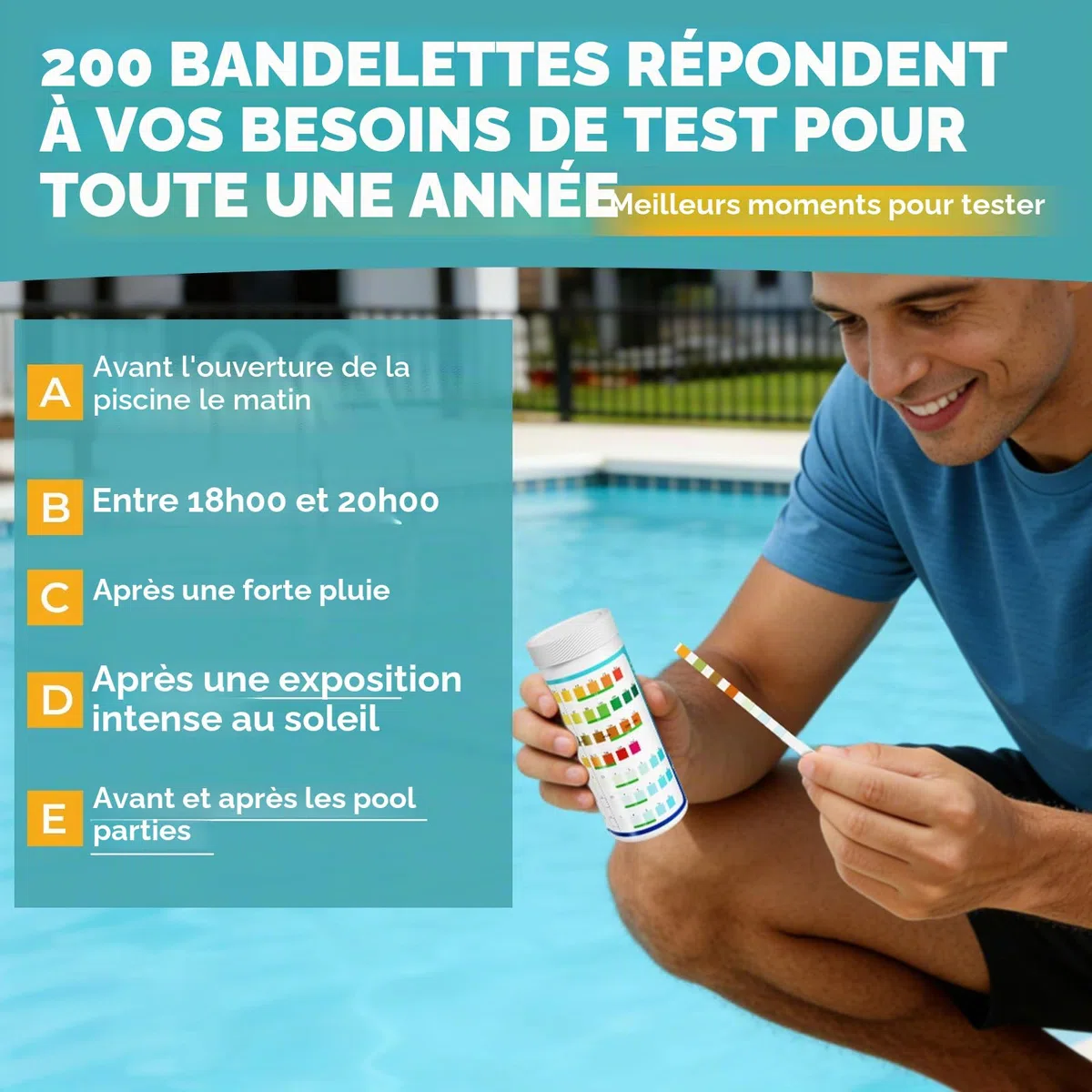 Bandelette Piscine: Testeur professionnel 7 en 1 pour spas 200CT pour mesurer le bromine, le pH, le chlore total, la dureté, l'acide cyanurique et plus encore