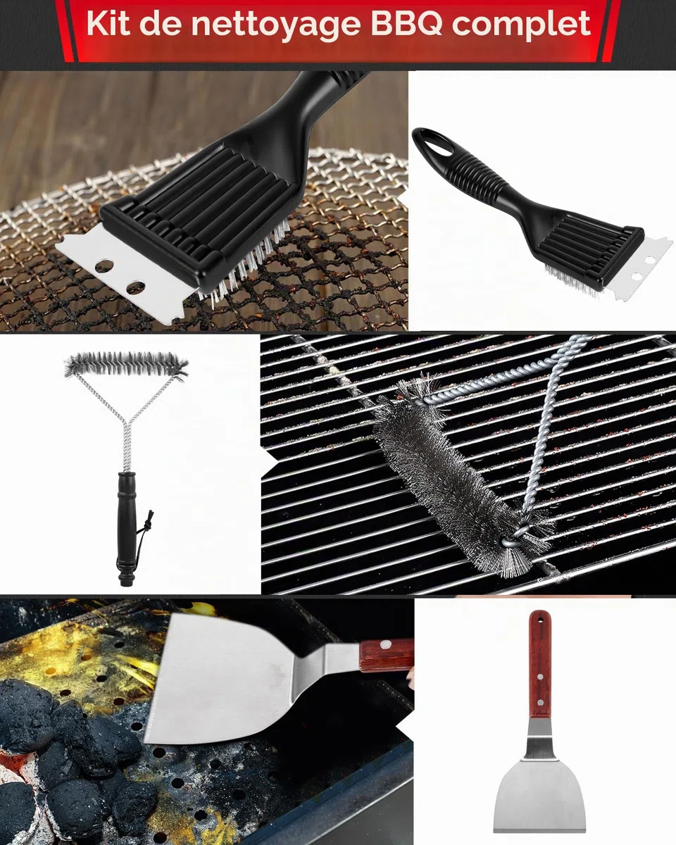 Kit de Nettoyage Barbecue - 3 Brosses en Acier Inoxydable et Grattoir pour Gril - Set d'Outils de Nettoyage pour Barbecue à Gaz, Charbon et Électrique - Nettoyant Grille de Cuisson