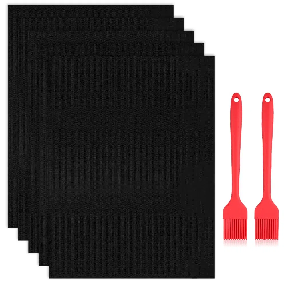 Tapis de Cuisson Barbecue, 5 Pièces 60x40 cm Tapis Barbecue Set, Papier BBQ Réutilisable avec Brosse, Non Stick Four en Téflon Tapis de Cuisson, Nettoyage Facile et Anti-adhérent, Sans PFOA