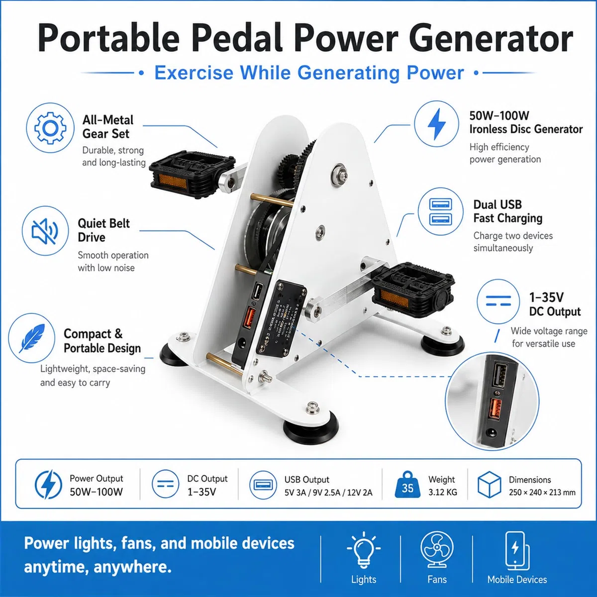 ZHENYUWANG Générateur à pédale, Sortie CC de 100 W 50W