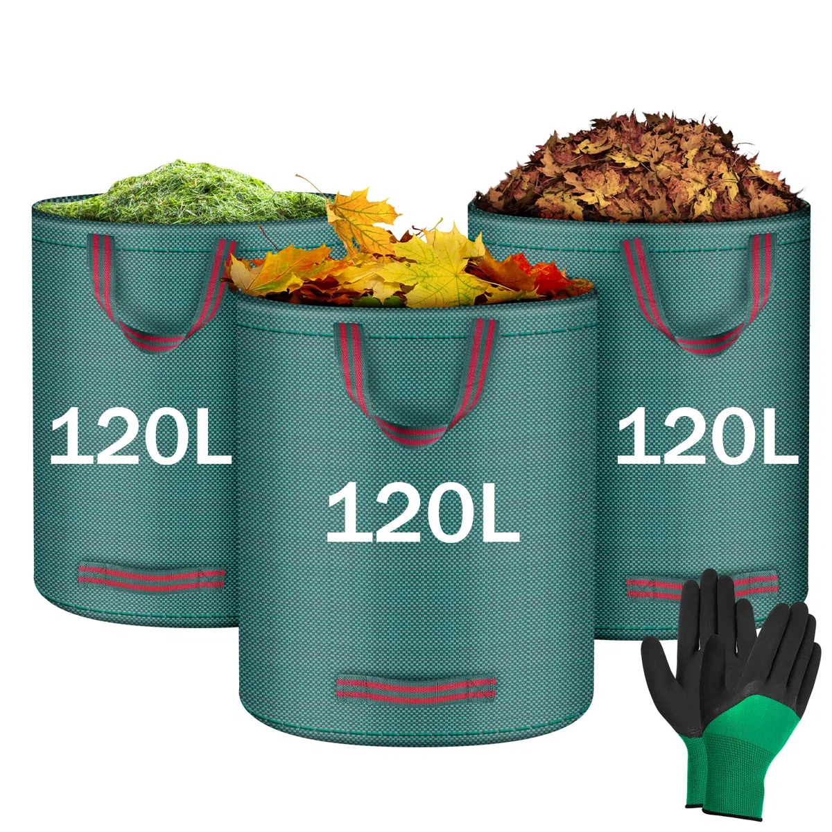 Flintronic 3x120LSacs de Jardin, Sacs à Déchets de Jardin, Sacs de Déchets Jardin Résistants, Sac déchet en PP Robuste avec Poignées, Pliables et Réutilisables(Gants de Jardinage)