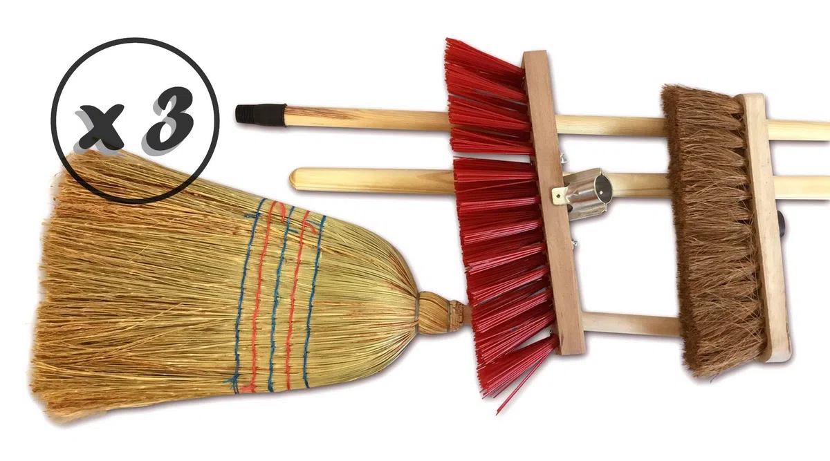 Kibros Lot 3 Ensembles 3 balais extérieur cantonnier PVC Coco Paille Riz