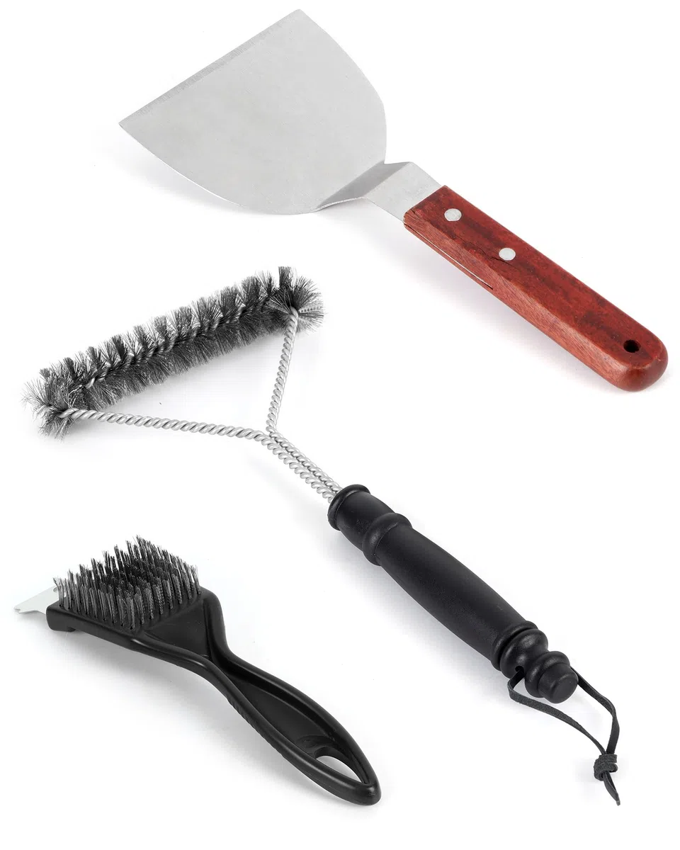 Kit de Nettoyage Barbecue - 3 Brosses en Acier Inoxydable et Grattoir pour Gril - Set d'Outils de Nettoyage pour Barbecue à Gaz, Charbon et Électrique - Nettoyant Grille de Cuisson
