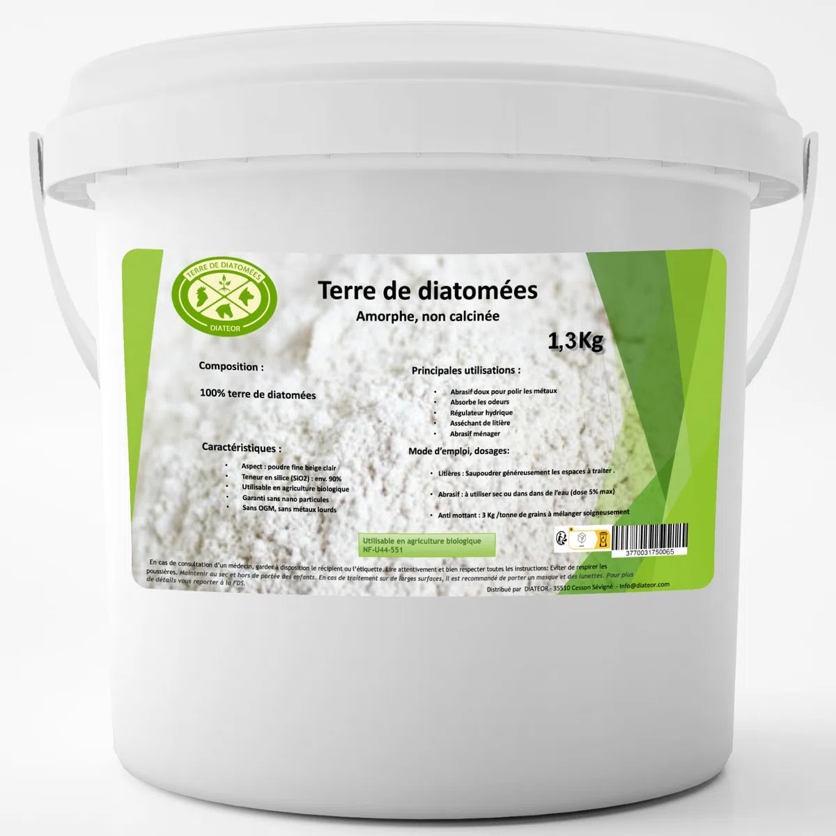 TERRE DE DIATOMEES DIATEOR - Seau de 1,3Kg de Terre de Diatomée Grade Alimentaire - 100% Naturelle, Non Calcinée - Poudre Blanche Extra Fine - Fabriquée en France